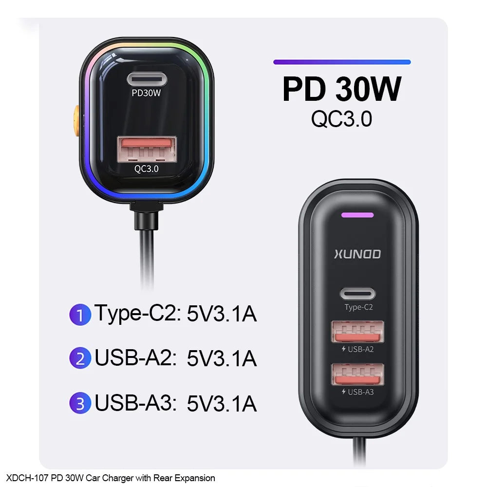 XUNDD XDCH-107 PD 30W Car Charger with Rear Seat Charging Ports Fast Charging  /  RGB Ambient Light - 3