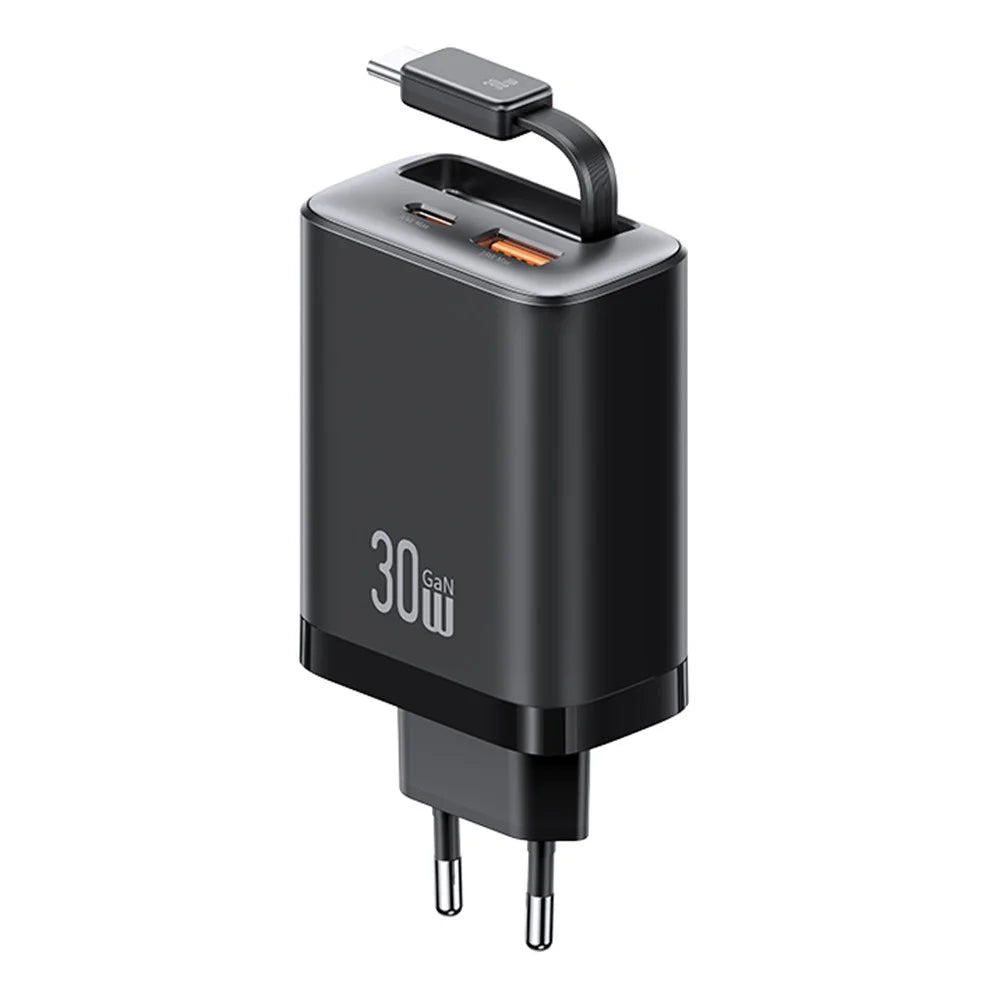 USAMS CC296 30W Fast Charger EU Plug Phone Adapter with Type-C Retractable Cable - Black - 1
