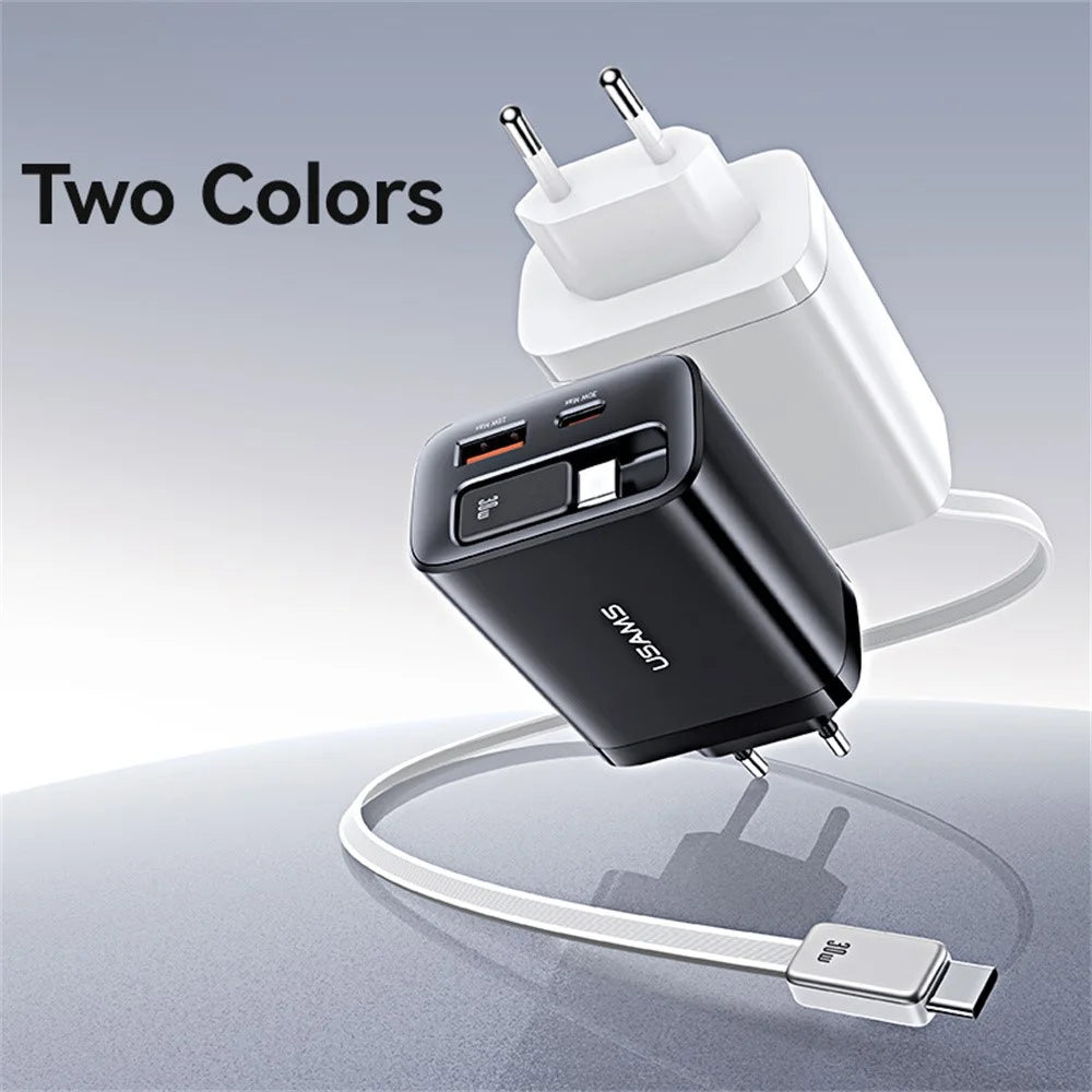 USAMS CC296 30W Fast Charger EU Plug Phone Adapter with Type-C Retractable Cable - Black - 3
