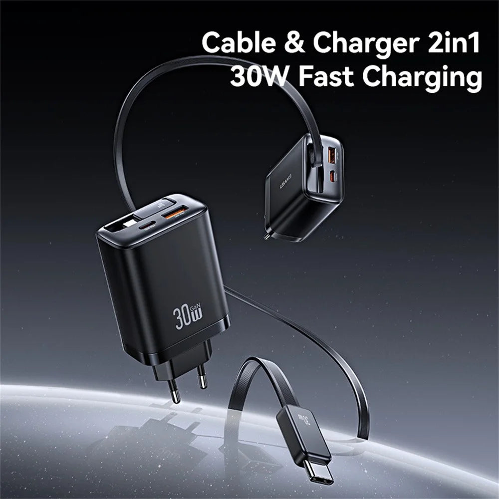 USAMS CC296 30W Fast Charger EU Plug Phone Adapter with Type-C Retractable Cable - Black - 4