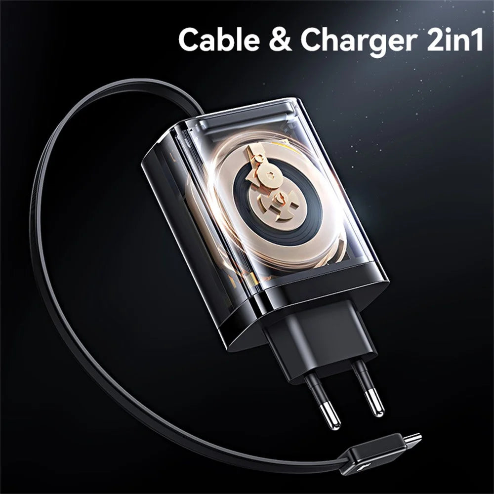USAMS CC296 30W Fast Charger EU Plug Phone Adapter with Type-C Retractable Cable - Black - 5