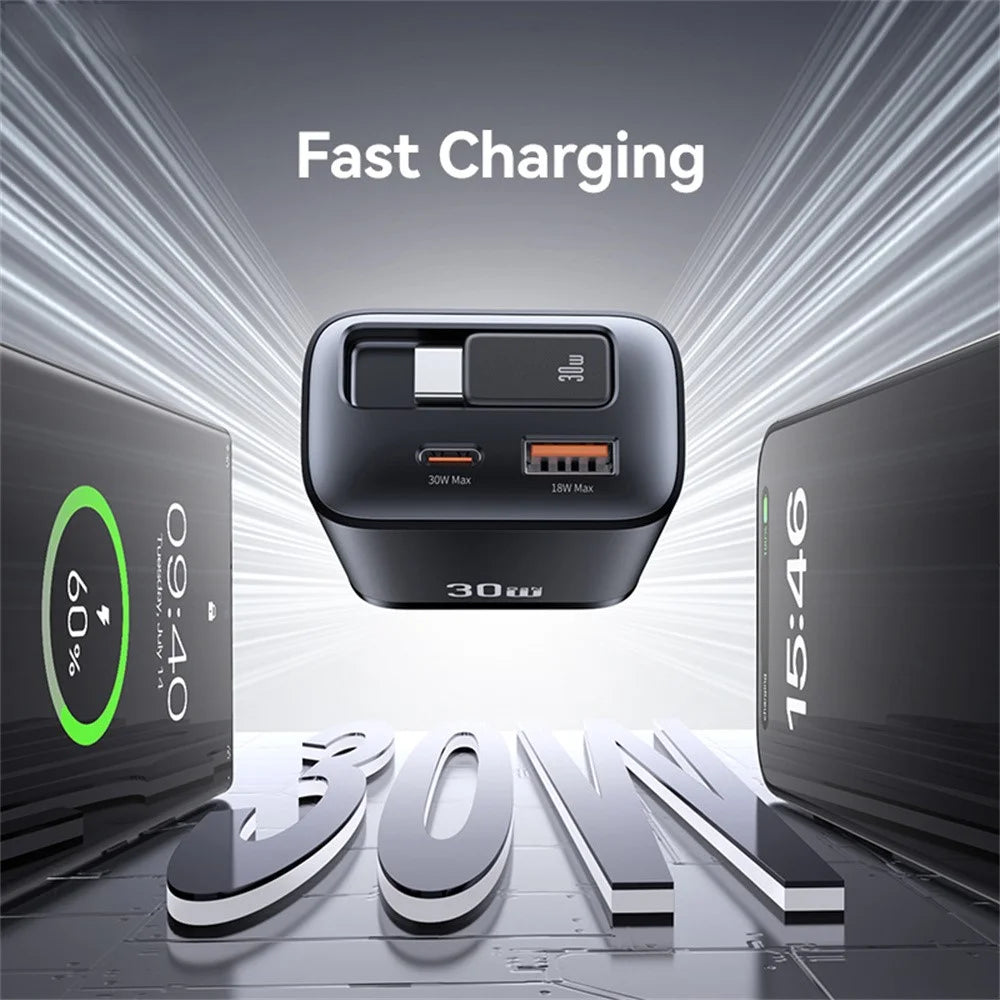 USAMS CC296 30W Fast Charger EU Plug Phone Adapter with Type-C Retractable Cable - Black - 7