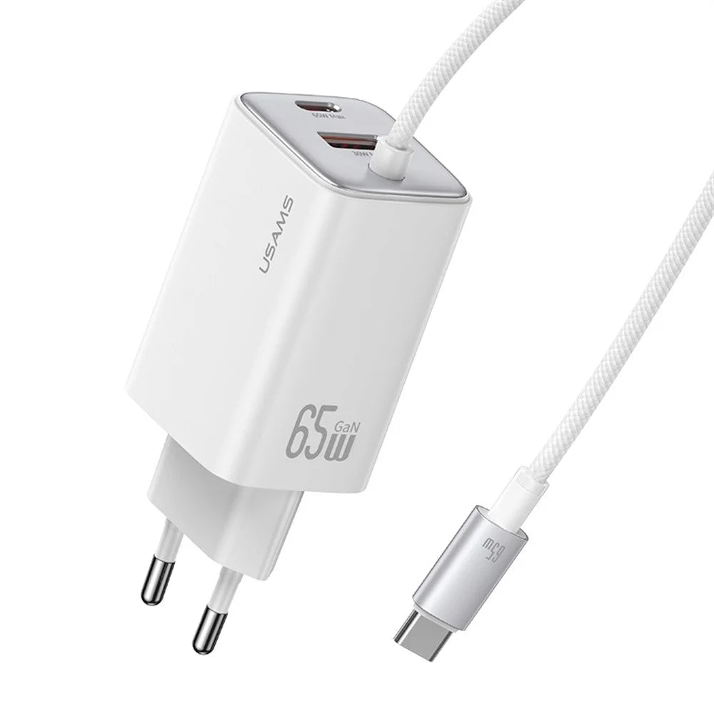 USAMS CC266 65W Wall Charger Fast Charging 3 Ports GaN Power Adapter with Built-in Cable, EU Plug - White - 1