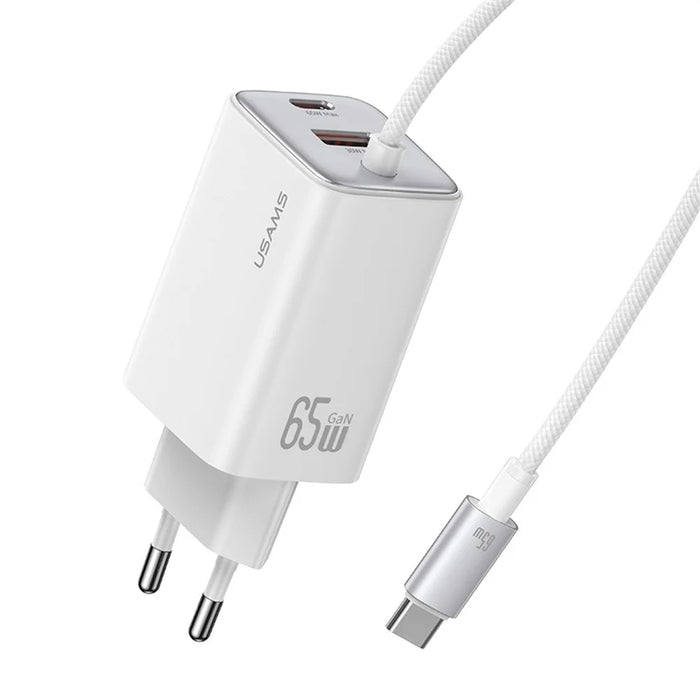 USAMS CC266 65W Wall Charger Fast Charging 3 Ports GaN Power Adapter with Built-in Cable, EU Plug - White - 1