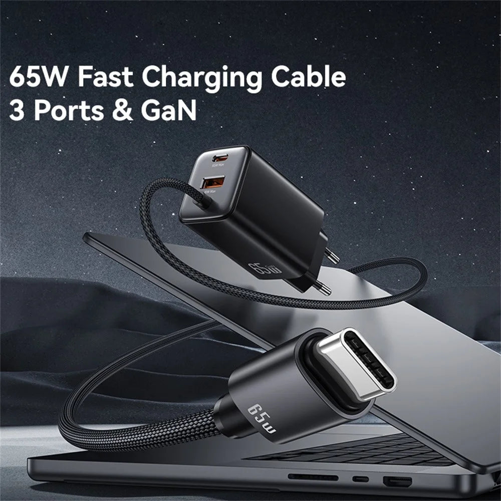 USAMS CC266 65W Wall Charger Fast Charging 3 Ports GaN Power Adapter with Built-in Cable, EU Plug - White - 2