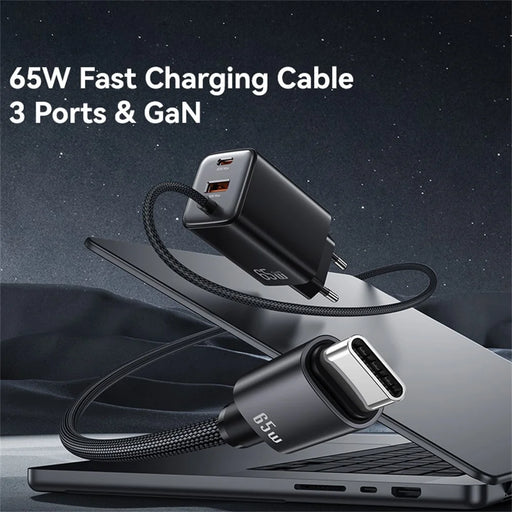 USAMS CC266 65W Wall Charger Fast Charging 3 Ports GaN Power Adapter with Built-in Cable, EU Plug - White - 2