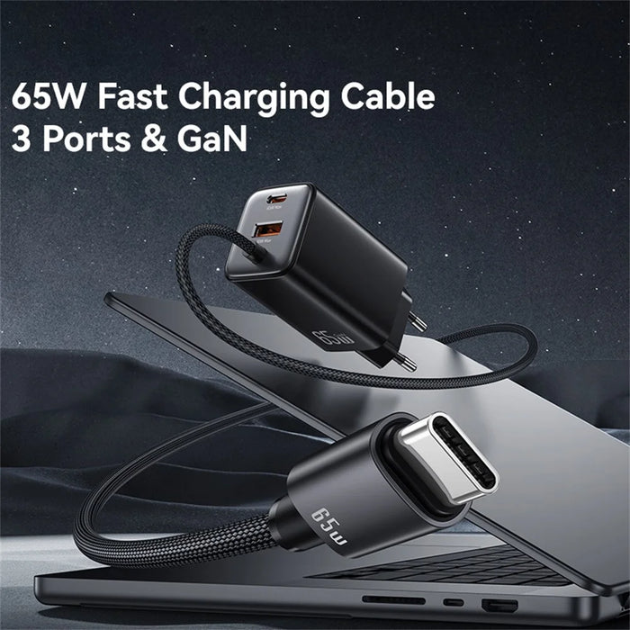 USAMS CC266 65W Wall Charger Fast Charging 3 Ports GaN Power Adapter with Built-in Cable, EU Plug - White - 2