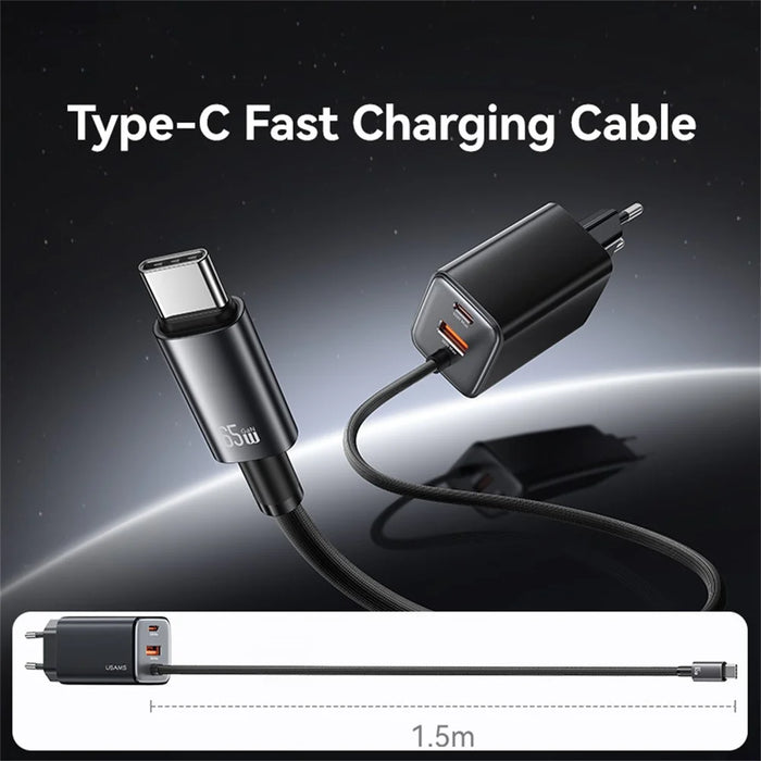 USAMS CC266 65W Wall Charger Fast Charging 3 Ports GaN Power Adapter with Built-in Cable, EU Plug - White - 3