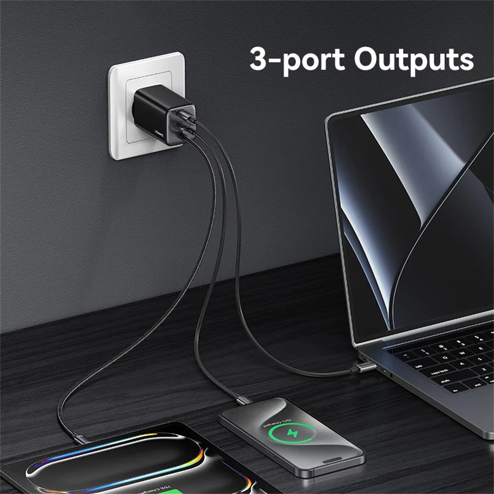 USAMS CC266 65W Wall Charger Fast Charging 3 Ports GaN Power Adapter with Built-in Cable, EU Plug - White - 5