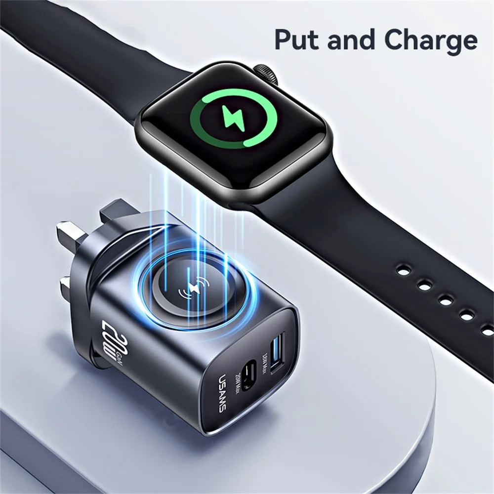 USAMS CC295 T67 20W Multi Function Charger Adapter for Phones  /  iWatch USB-A + USB-C Wall Charger - UK Plug - 3