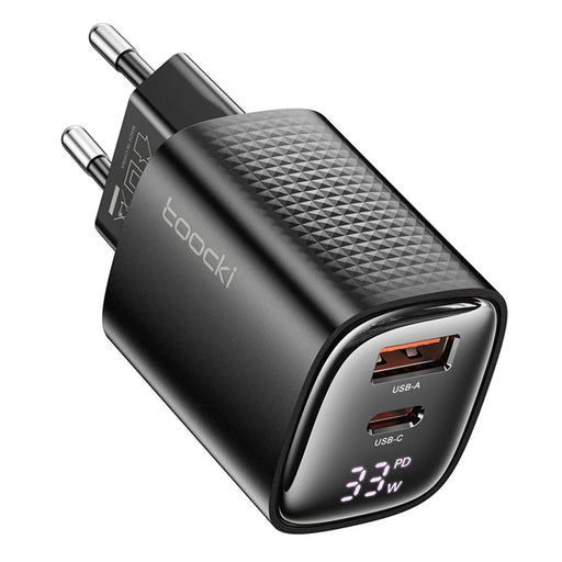 TOOCKI TCT33-22EU 33W Fast Charging Digital Display Wall Charger USB A + Type C GaN Power Adapter - 1