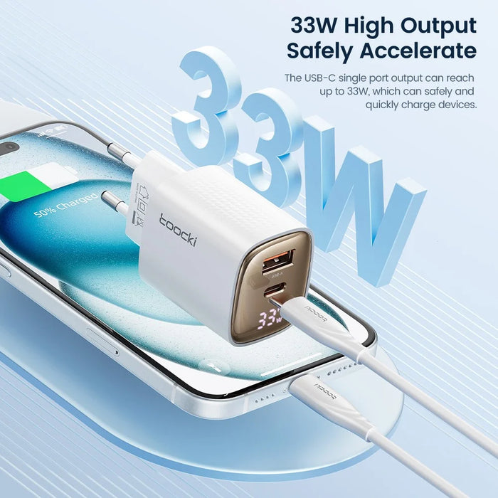 TOOCKI TCT33-22EU 33W Fast Charging Digital Display Wall Charger USB A + Type C GaN Power Adapter - 3
