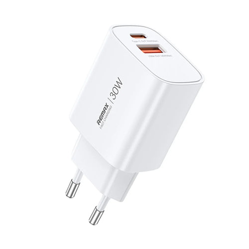 REMAX U187-AC30W GaN Fast Charging Adapter USB-A  /  Type-C Dual Port 30W PD3.0  /  QC3.0 Compatible For Multiple Devices - EU Plug - 1