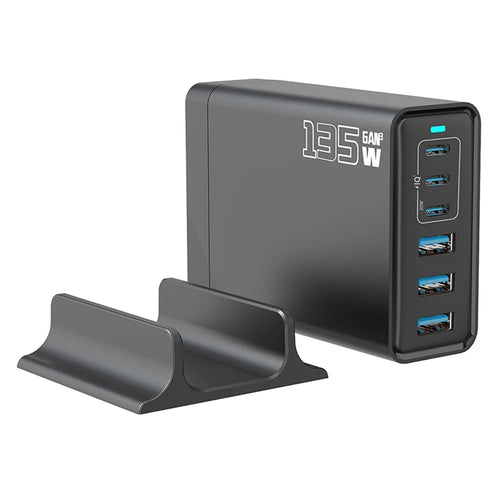 135W GaN Desktop Charger 3C+3A 6 Port Output 65W Single Type-C Port Charging Station for Phones Tablets - Black / US Plug - 1