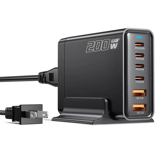 200W GaN Desktop Charger 3C+3A 6 Port Output 100W Single Type-C Port Charging Station for Phones Tablets - Black / US Plug - 1