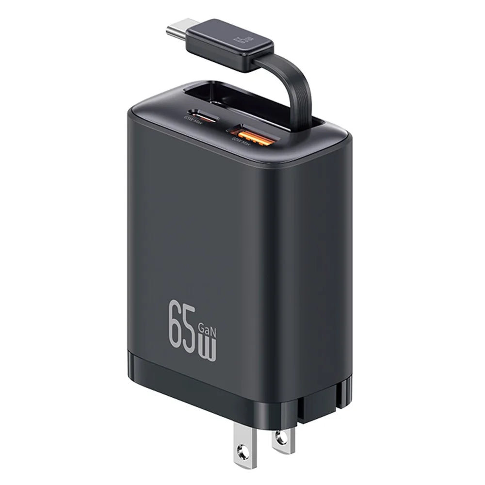 USAMS CC300 US Plug 65W Fast Charger Type-C + USB-A Power Adapter with Type-C Retractable Cable - Black - 1