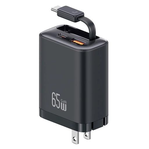 USAMS CC300 US Plug 65W Fast Charger Type-C + USB-A Power Adapter with Type-C Retractable Cable - Black - 1