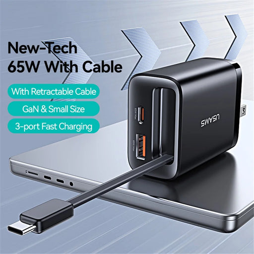 USAMS CC300 US Plug 65W Fast Charger Type-C + USB-A Power Adapter with Type-C Retractable Cable - Black - 2