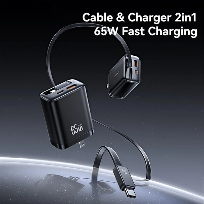 USAMS CC300 US Plug 65W Fast Charger Type-C + USB-A Power Adapter with Type-C Retractable Cable - Black - 3