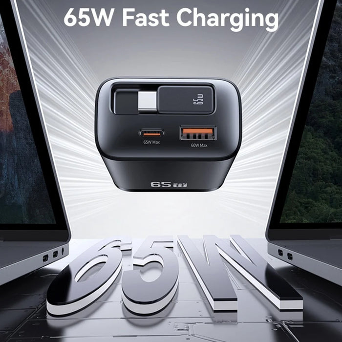 USAMS CC300 US Plug 65W Fast Charger Type-C + USB-A Power Adapter with Type-C Retractable Cable - Black - 4