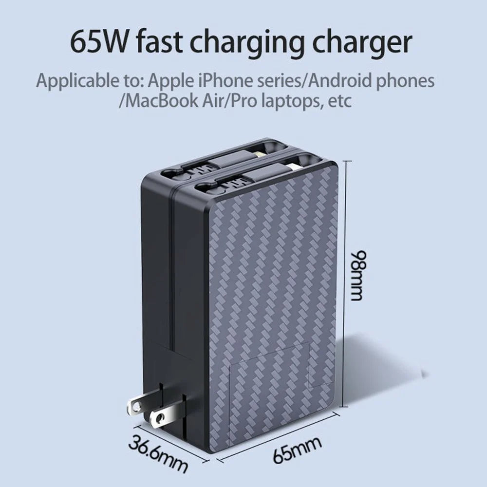 PT-18 US Plug GaN Charger 65W PD Fast Charging Power Adapter with iP + Type C Retractable Cables - 2