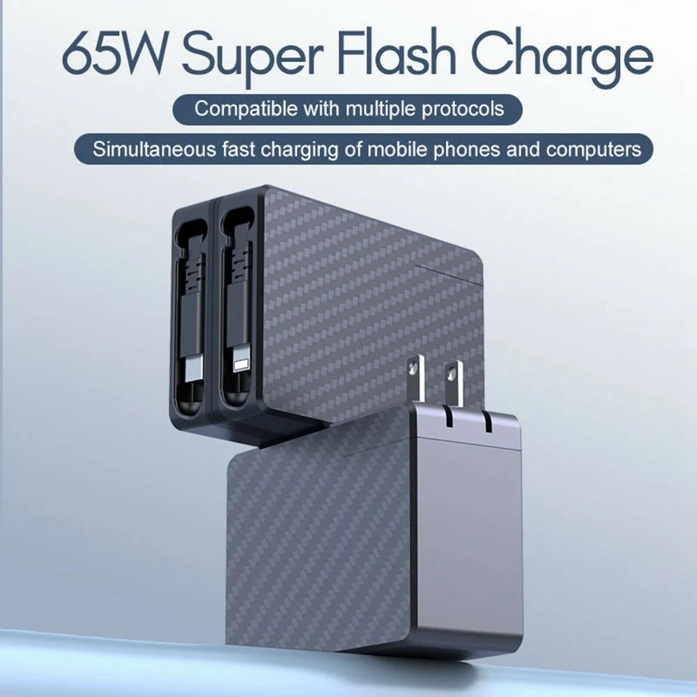 PT-18 US Plug GaN Charger 65W PD Fast Charging Power Adapter with iP + Type C Retractable Cables - 3