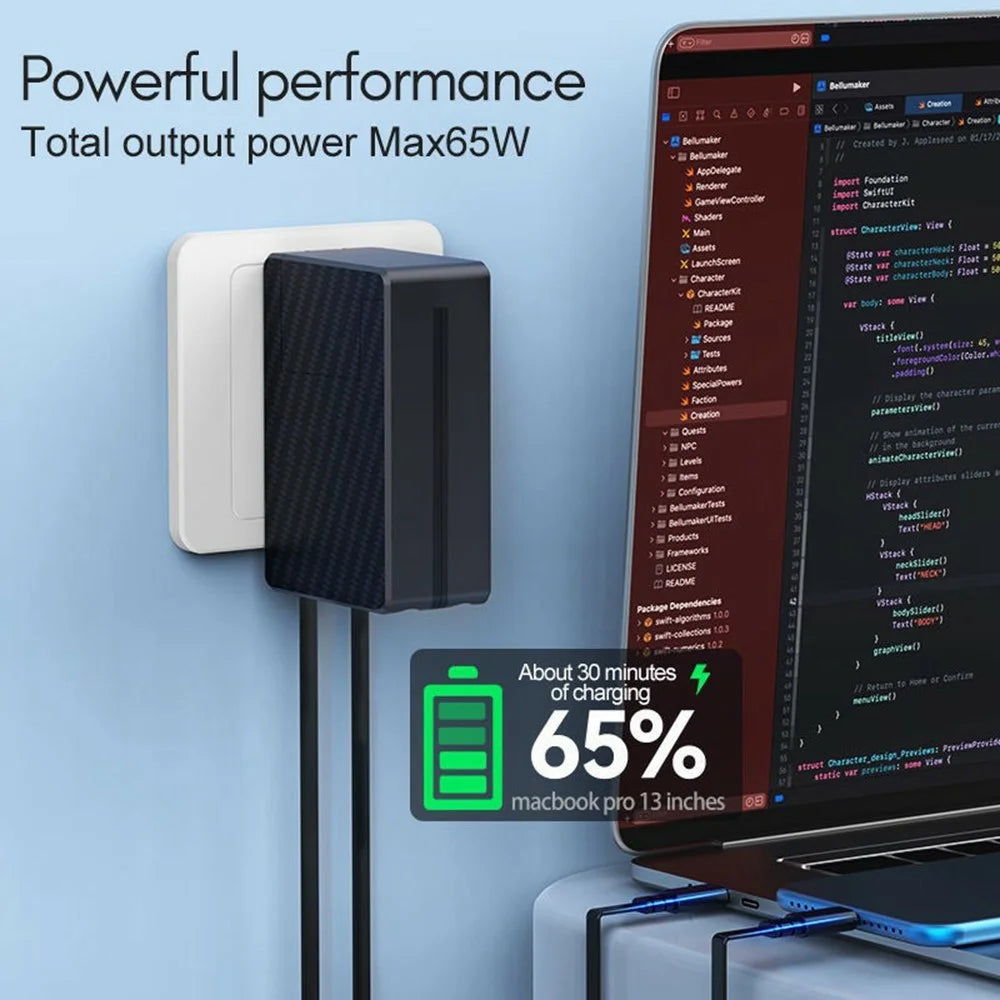 PT-18 US Plug GaN Charger 65W PD Fast Charging Power Adapter with iP + Type C Retractable Cables - 4