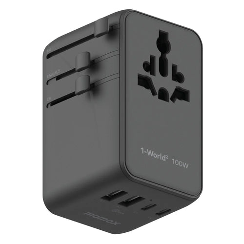 MOMAX 1-World 2 Dual AC Mini GaN Global Travel Adapter 100W Fast Charging Wall Charger - Black - 1