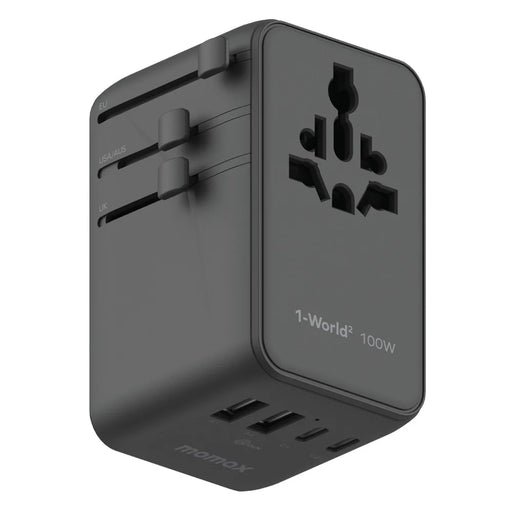 MOMAX 1-World 2 Dual AC Mini GaN Global Travel Adapter 100W Fast Charging Wall Charger - Black - 1