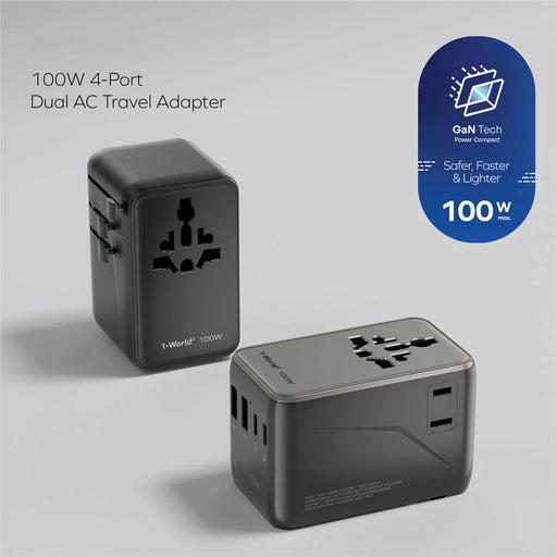 MOMAX 1-World 2 Dual AC Mini GaN Global Travel Adapter 100W Fast Charging Wall Charger - Black - 2