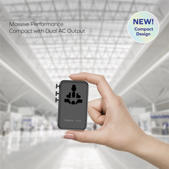 MOMAX 1-World 2 Dual AC Mini GaN Global Travel Adapter 100W Fast Charging Wall Charger - Black - 6