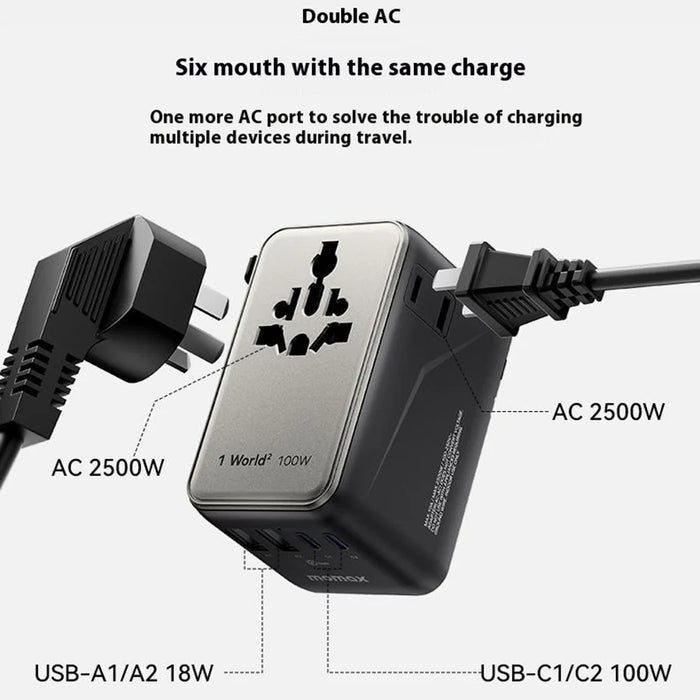 MOMAX 1-World 2 Dual AC Mini GaN Global Travel Adapter 100W Fast Charging Wall Charger - Black - 7