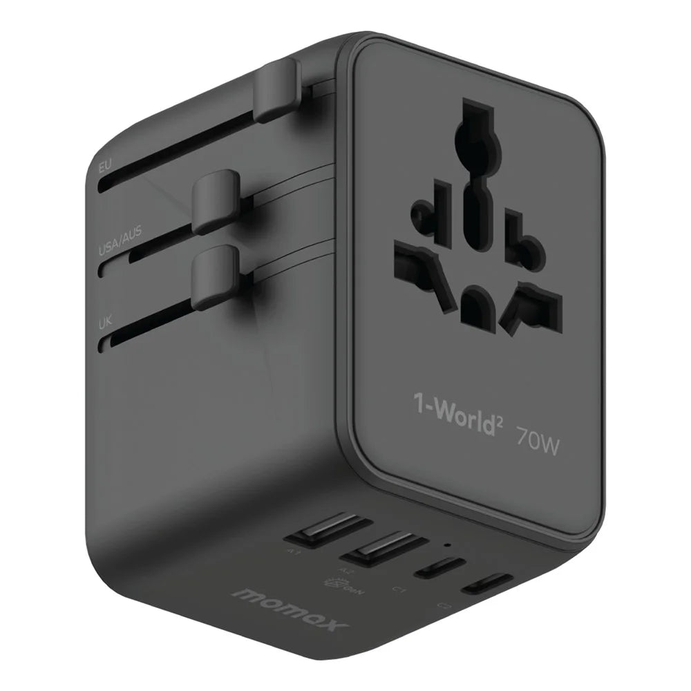 MOMAX 1-World 2 Dual AC Mini GaN Global Travel Adapter 70W Universal Power Converter Charger - Black - 1