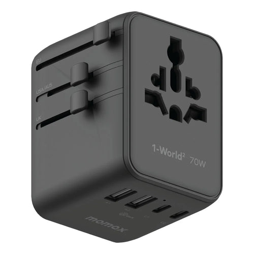 MOMAX 1-World 2 Dual AC Mini GaN Global Travel Adapter 70W Universal Power Converter Charger - Black - 1
