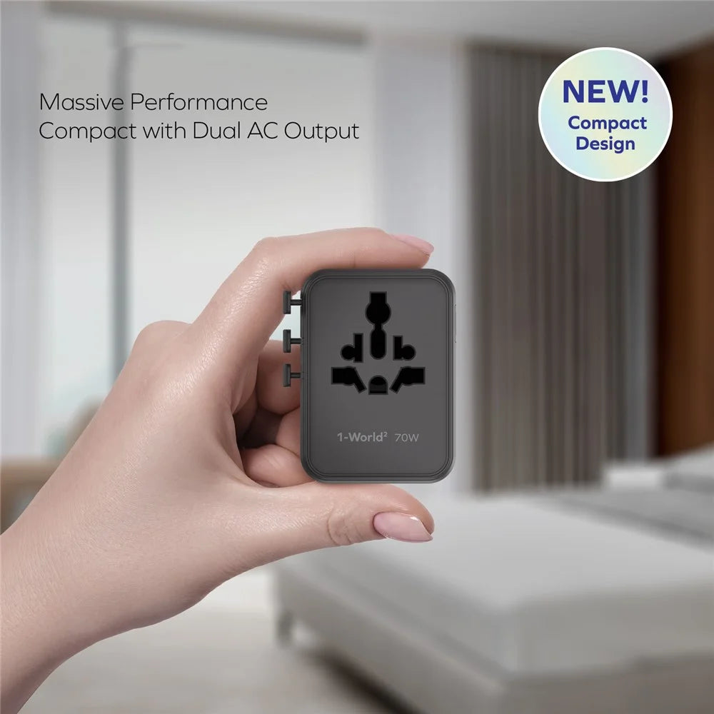 MOMAX 1-World 2 Dual AC Mini GaN Global Travel Adapter 70W Universal Power Converter Charger - Black - 3