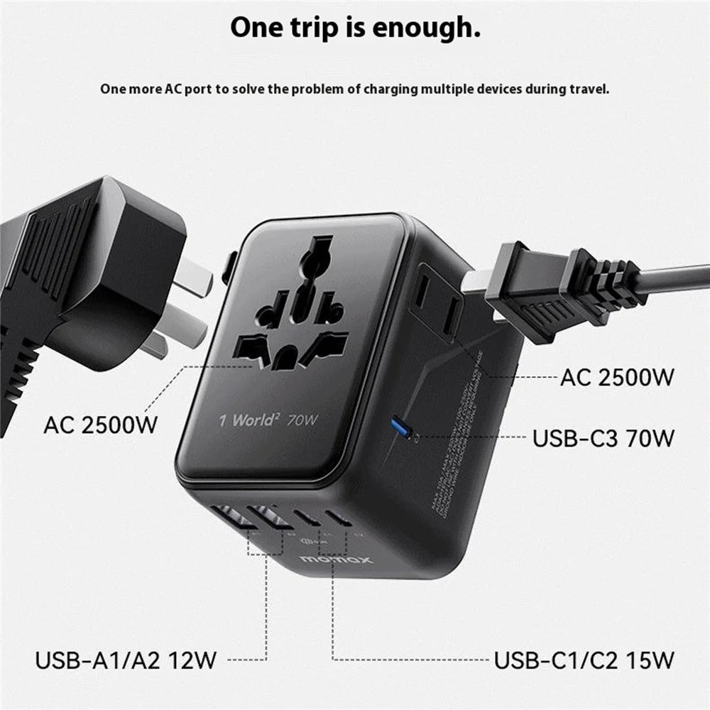 MOMAX 1-World 2 Dual AC Mini GaN Global Travel Adapter 70W Universal Power Converter Charger - Black - 4