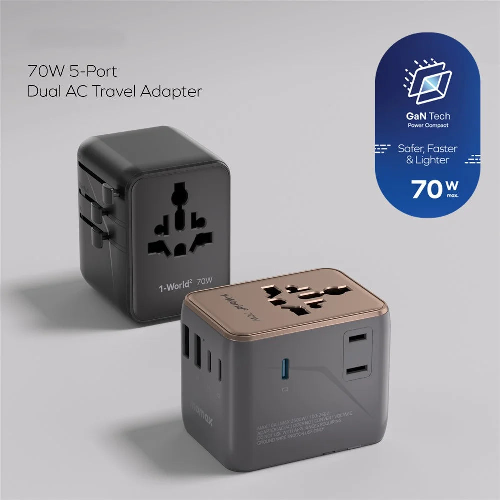 MOMAX 1-World 2 Dual AC Mini GaN Global Travel Adapter 70W Universal Power Converter Charger - Black - 7