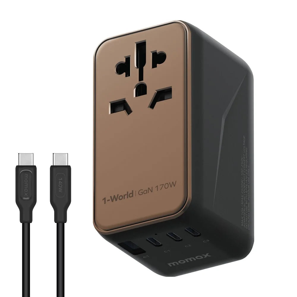 MOMAX 1-World 170W GaN PD Global Travel Wall Charger Fast Charging Adapter with USB-C Cable - Gold - 1