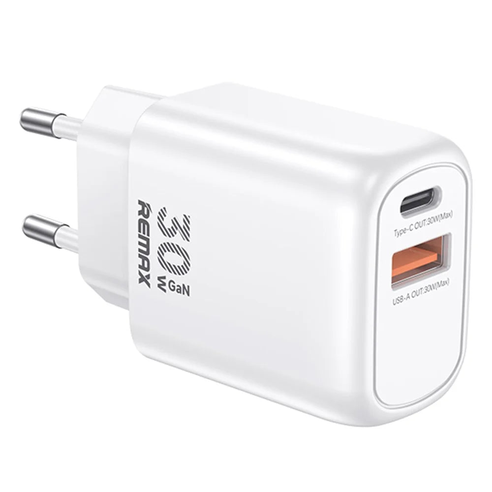 REMAX RP-U18 Kings Series 30W USB-A + USB-C GaN Travel Adapter PD Fast Charging Phones Wall Charger - EU Plug - 1