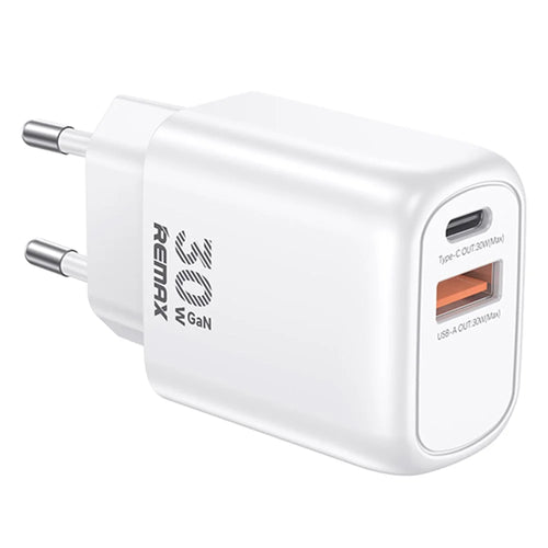 REMAX RP-U18 Kings Series 30W USB-A + USB-C GaN Travel Adapter PD Fast Charging Phones Wall Charger - EU Plug - 1