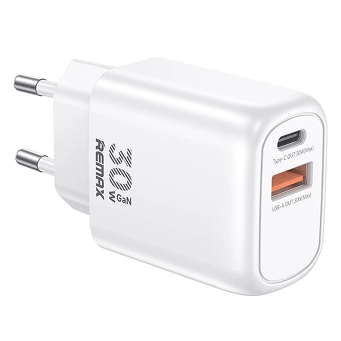 REMAX RP-U18 Kings Series 30W USB-A + USB-C GaN Travel Adapter PD Fast Charging Phones Wall Charger - EU Plug - 1