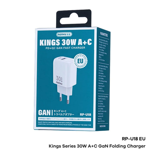 REMAX RP-U18 Kings Series 30W USB-A + USB-C GaN Travel Adapter PD Fast Charging Phones Wall Charger - EU Plug - 2