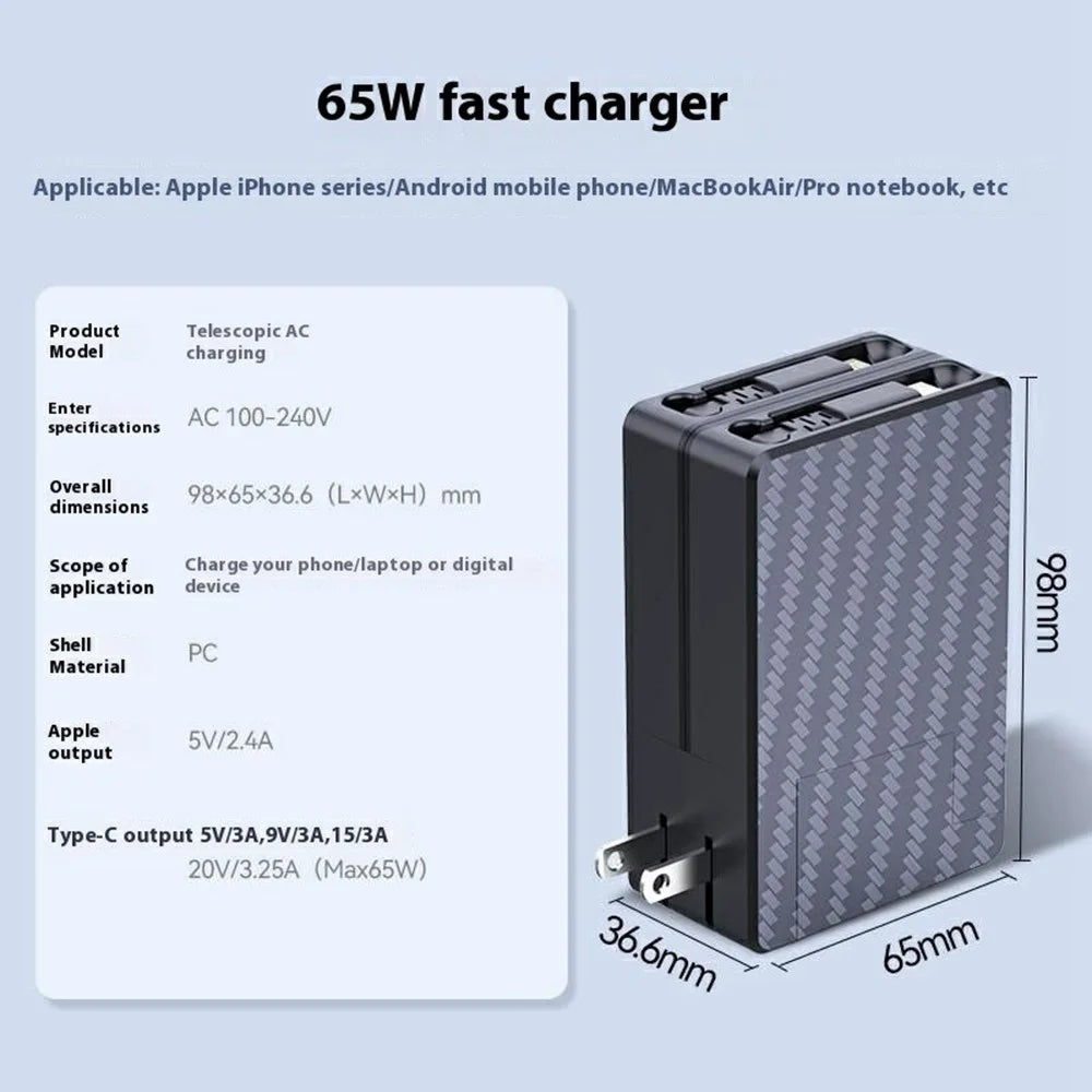 PT-38 US Plug Charger Adapter with Retractable Cable PD Super Fast Charger AC Power Adapter - 5