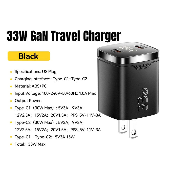 ESSAGER PD 33W GaN Dual Type-C Travel Charger with LED Display Fast Charging Compact Power Adapter - US Plug  /  Black - 2