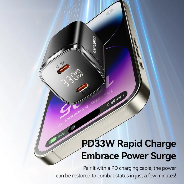 ESSAGER PD 33W GaN Dual Type-C Travel Charger with LED Display Fast Charging Compact Power Adapter - US Plug  /  Black - 3