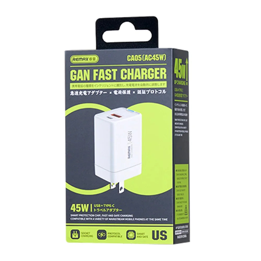 REMAX CA05 45W GaN Fast Charger USB-C USB-A Dual Port Power Adapter - US Plug - 3