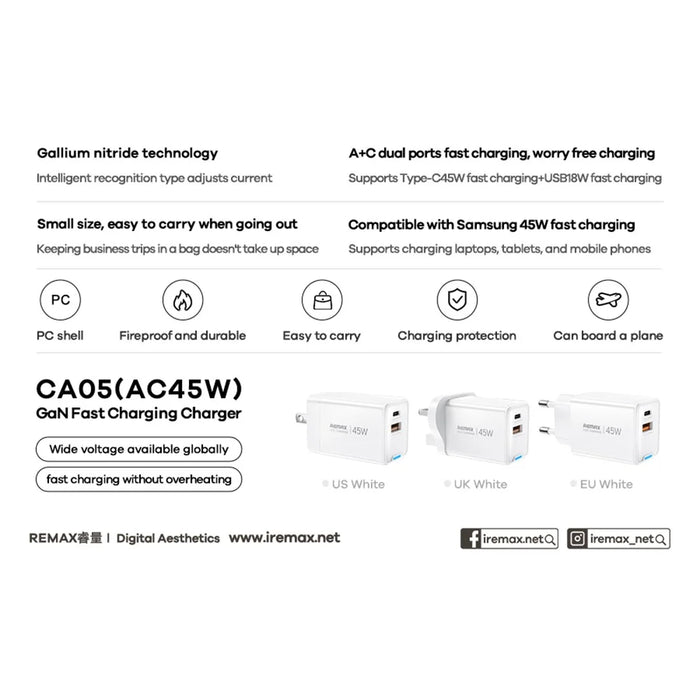 REMAX CA05 45W GaN Fast Charger USB-C USB-A Dual Port Power Adapter - UK Plug - 2