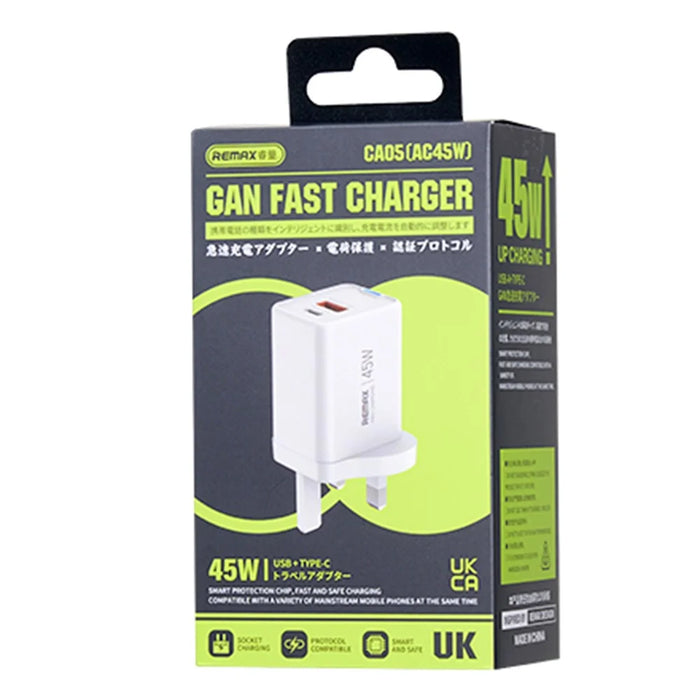 REMAX CA05 45W GaN Fast Charger USB-C USB-A Dual Port Power Adapter - UK Plug - 3