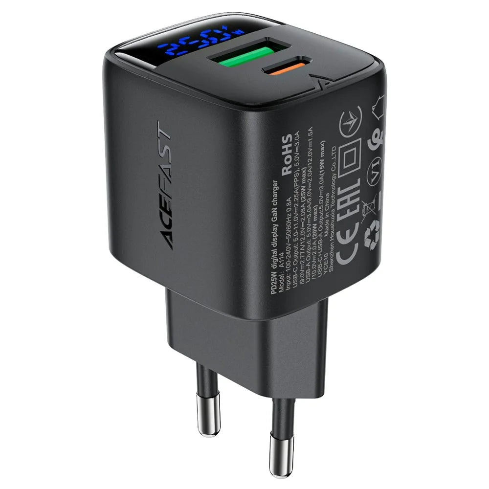 ACEFAST A114 PD 25W Dual Port GaN Charger with LED Display USB-C + USB-A Charger Adapter for Smartphones / Tablets - EU Plug - 1