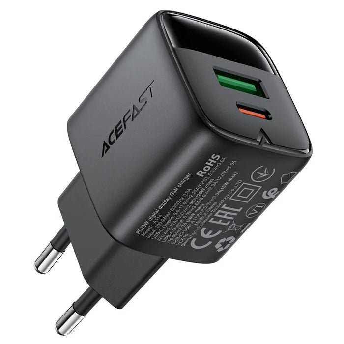 ACEFAST A114 PD 25W Dual Port GaN Charger with LED Display USB-C + USB-A Charger Adapter for Smartphones / Tablets - EU Plug - 2
